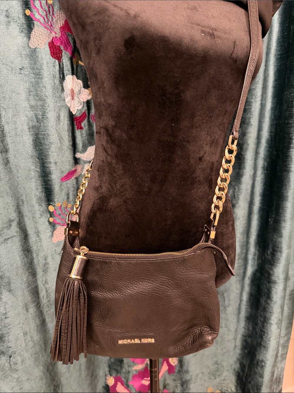 Michael Kors Dark Brown Leather Crossbody with Gold Chain